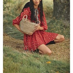 Anthropologie 'Floral' Red V Neck Ruffled Mini Dress Size S